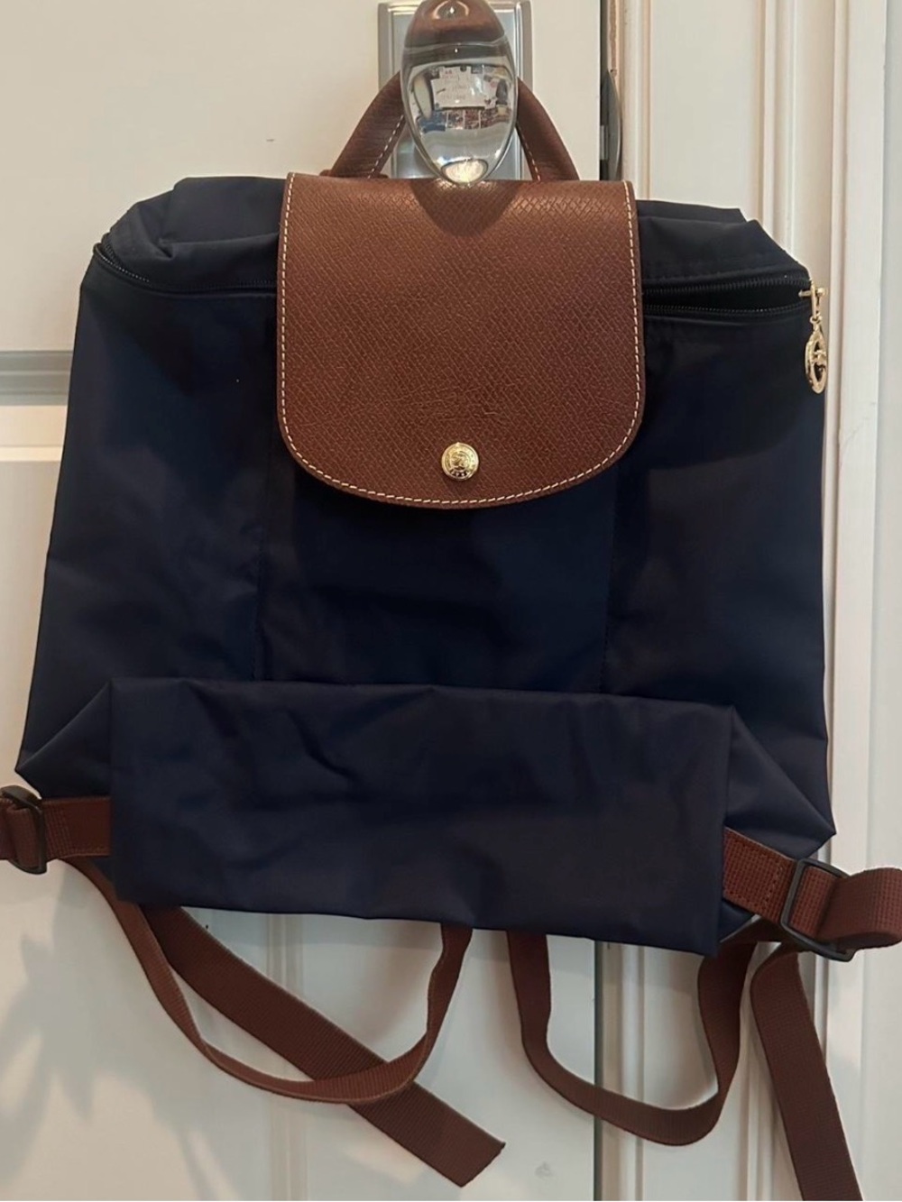 Longchamp Navy Blue Nylon Backpack with Brown Leather Trim - Picture 2 of 8